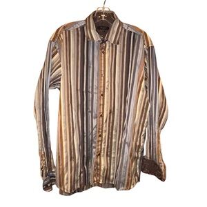 Ted Baker London (5)‎ Mens XL Button Front Striped Shirt Flip Cuff Brown Blue